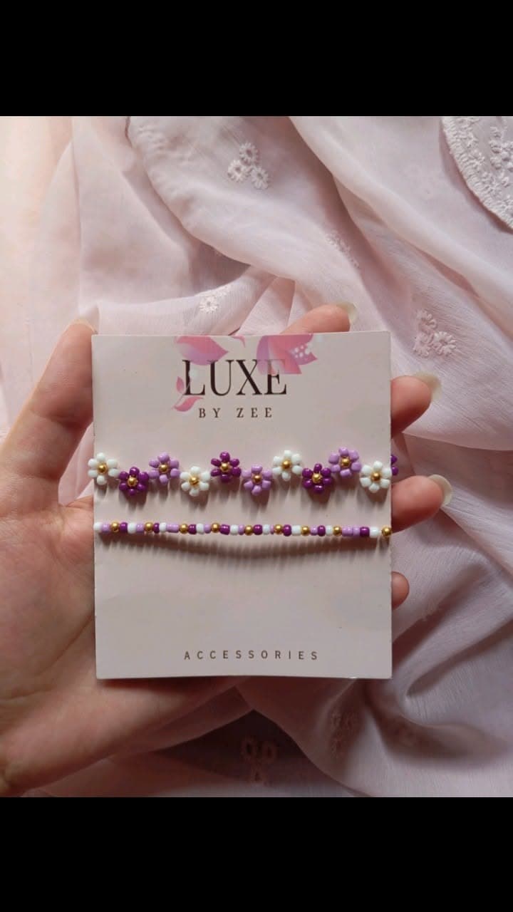 Lavender Bloom Bracelet Set — two purple beaded bracelets on a Luxe by Zee card