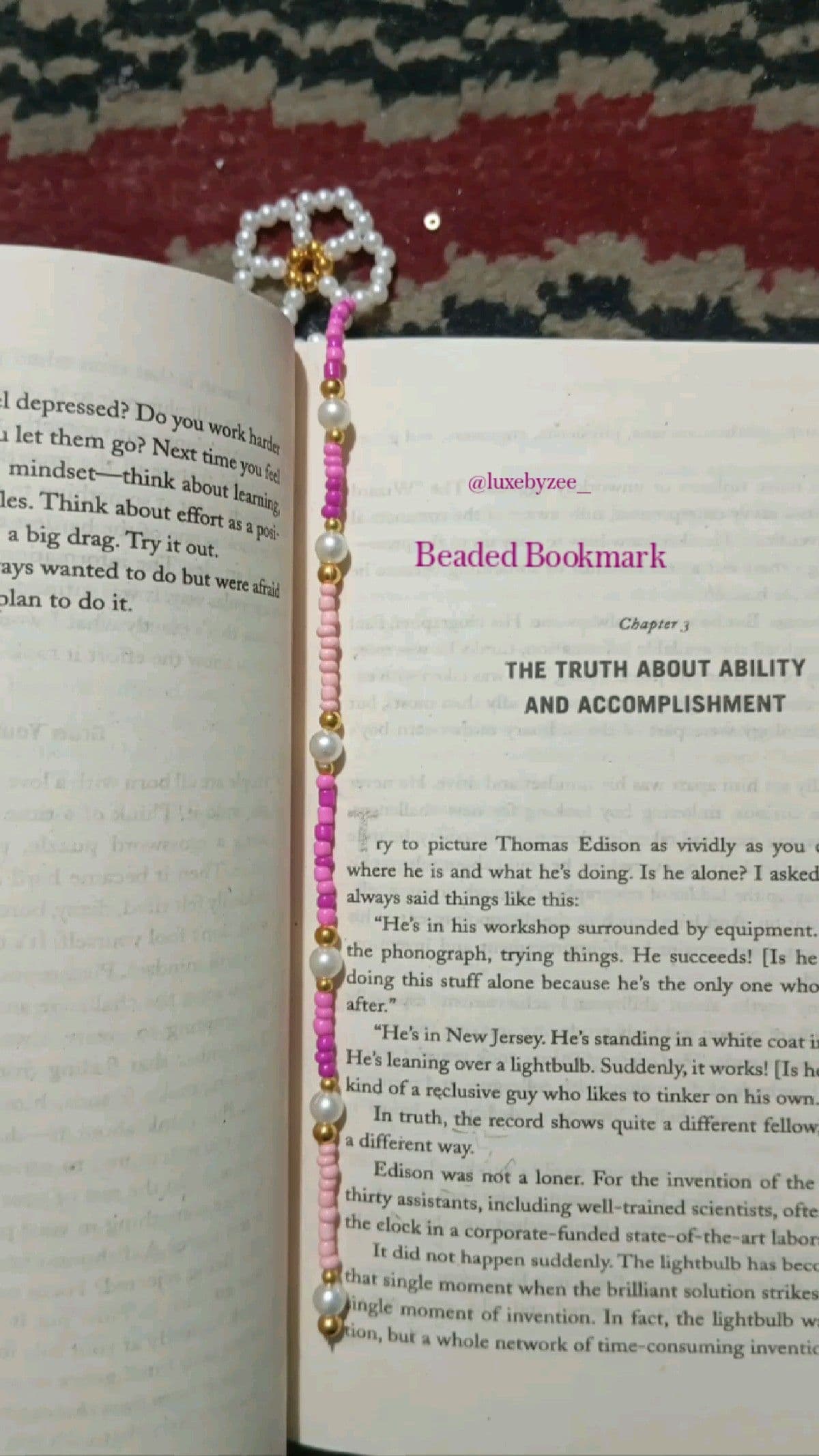 Pink and pearl Beaded Bookmark tucked into an open book